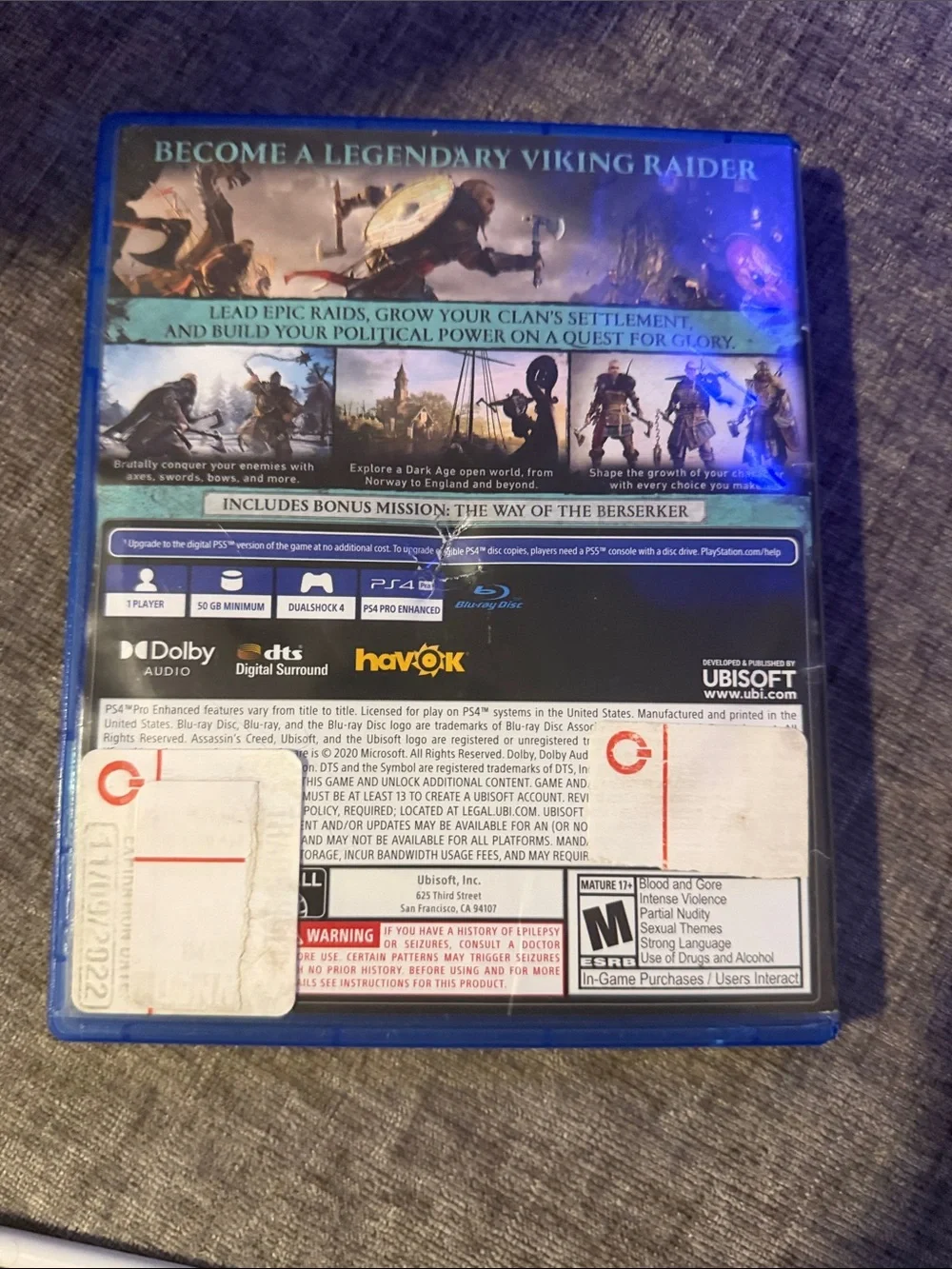 Assassin's Creed Valhalla PS4 Video Game - Blue Case